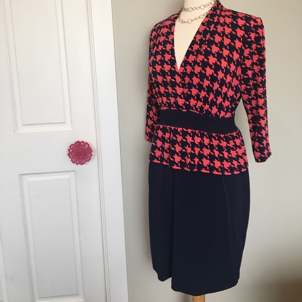 Chris McLaughlin Navy and Coral Houndstooth dress